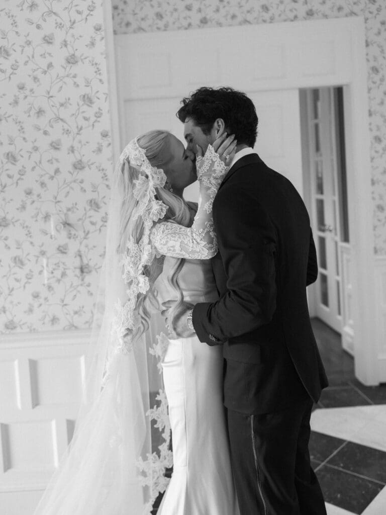 Bride and groom sharing a quiet moment inside Greystone Castle on their wedding day